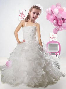 Spaghetti Straps Sleeveless Organza Pageant Gowns Ruffles Lace Up