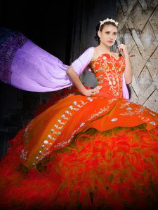 Sweetheart Sleeveless Brush Train Lace Up Quinceanera Gown Orange Red Organza