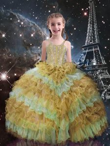 Nice Champagne Sleeveless Organza Lace Up Kids Pageant Dress for Quinceanera and Wedding Party