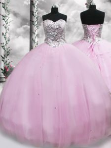 Sweetheart Sleeveless Brush Train Lace Up Quinceanera Gowns Lilac Tulle
