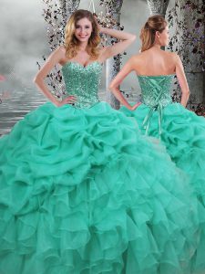 Beading and Ruffles Sweet 16 Quinceanera Dress Turquoise Lace Up Sleeveless Floor Length
