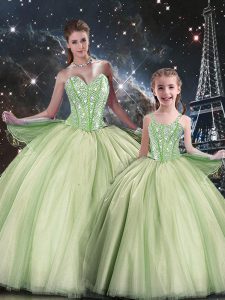 Dazzling Yellow Green Tulle Lace Up Sweetheart Sleeveless Floor Length Ball Gown Prom Dress Beading