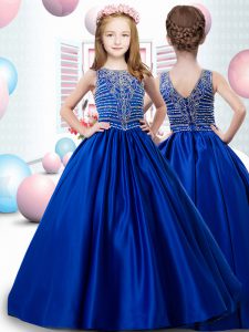 Hot Sale Royal Blue Scoop Zipper Beading Little Girl Pageant Gowns Sleeveless