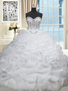 Classical White Ball Gowns Organza Sweetheart Sleeveless Beading and Pick Ups Lace Up 15 Quinceanera Dress Brush Train