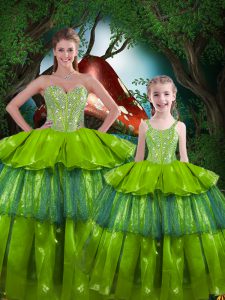 Floor Length Lace Up Vestidos de Quinceanera Olive Green for Military Ball and Sweet 16 and Quinceanera with Beading and