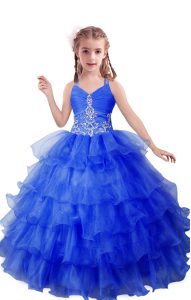 Blue Pageant Gowns Quinceanera and Wedding Party with Beading and Ruffled Layers V-neck Sleeveless Zipper