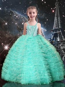 Fancy Sleeveless Lace Up Floor Length Beading and Ruffled Layers Little Girls Pageant Gowns