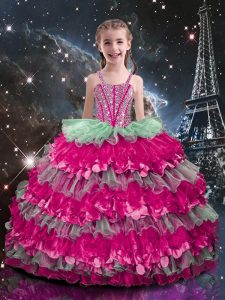 Enchanting Multi-color Ball Gowns Organza Straps Sleeveless Beading and Ruffled Layers Floor Length Lace Up Little Girls