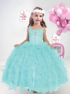 Floor Length Lace Up Glitz Pageant Dress Aqua Blue for Quinceanera and Wedding Party with Beading and Ruffles