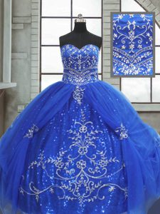 Sleeveless Floor Length Beading and Appliques Lace Up Sweet 16 Quinceanera Dress with Blue