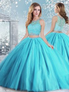 Aqua Blue Sleeveless Beading and Sequins Floor Length Sweet 16 Dresses
