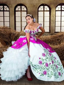 Nice Multi-color Ball Gowns Off The Shoulder Sleeveless Taffeta Floor Length Lace Up Embroidery and Ruffled Layers Quinc