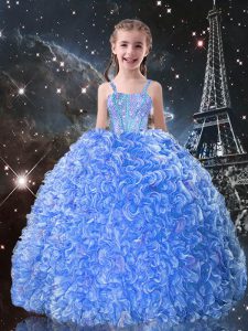High End Floor Length Baby Blue Child Pageant Dress Organza Sleeveless Beading and Ruffles
