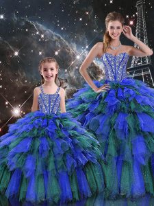 Multi-color Organza Lace Up Sweet 16 Dress Sleeveless Floor Length Beading and Ruffles and Ruffled Layers