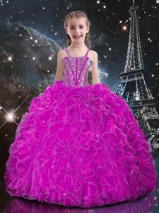 Inexpensive Fuchsia Straps Neckline Beading and Ruffles Little Girls Pageant Dress Wholesale Sleeveless Lace Up