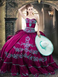 Sleeveless Taffeta Floor Length Lace Up Sweet 16 Dresses in Fuchsia with Embroidery