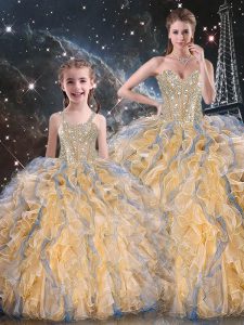 Luxury Gold Lace Up Sweetheart Beading and Ruffles Quince Ball Gowns Organza Sleeveless
