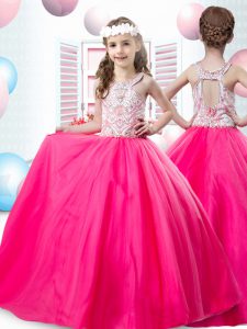 Hot Pink Zipper Scoop Beading Little Girls Pageant Gowns Tulle Sleeveless