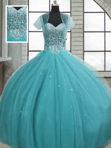 Fantastic Aqua Blue Tulle Lace Up 15th Birthday Dress Sleeveless Floor Length Beading and Sequins