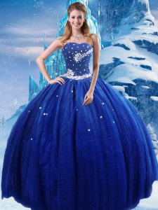 Custom Fit Sleeveless Tulle Floor Length Lace Up 15 Quinceanera Dress in Royal Blue with Beading