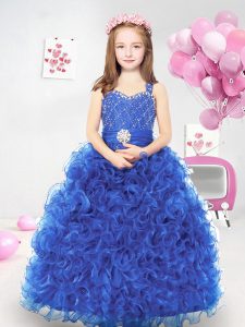 Hot Sale Blue Straps Lace Up Beading and Ruffles High School Pageant Dress Sleeveless