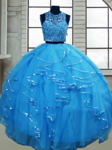 New Style Floor Length Lace Up Quinceanera Gown Baby Blue for Military Ball and Sweet 16 and Quinceanera with Beading an