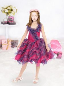 Fuchsia Organza Lace Up Little Girls Pageant Gowns Sleeveless Knee Length Ruffles and Ruffled Layers