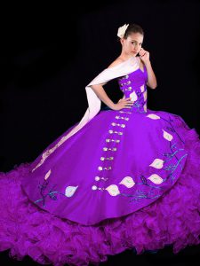 Eggplant Purple Organza Lace Up Sweetheart Sleeveless Sweet 16 Quinceanera Dress Brush Train Embroidery and Ruffles