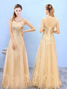 Fashion Empire Bridesmaid Dresses Gold Scoop Organza Sleeveless Floor Length Lace Up