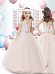 Baby Pink Lace Up Child Pageant Dress Beading Sleeveless Floor Length