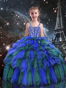 Floor Length Lace Up Pageant Dress for Teens Blue for Quinceanera and Wedding Party with Beading and Ruffles