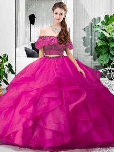 Luxurious Lace and Ruffles 15 Quinceanera Dress Hot Pink Lace Up Sleeveless Floor Length