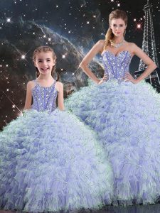 Glittering Lavender Sweetheart Lace Up Beading and Ruffles Sweet 16 Dresses Sleeveless