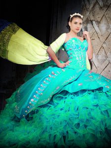 Sexy With Train Ball Gowns Sleeveless Turquoise Sweet 16 Dress Brush Train Lace Up
