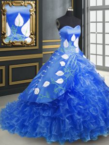 Excellent Blue Ball Gowns Embroidery and Ruffles Vestidos de Quinceanera Lace Up Organza Sleeveless