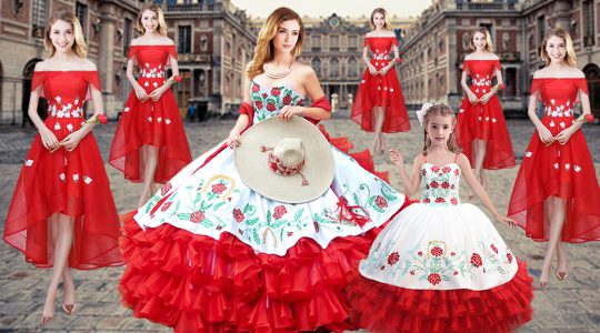 Red Lace Up Quinceanera Dress Embroidery and Ruffled Layers Sleeveless Floor Length