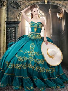 Teal Ball Gowns Taffeta Sweetheart Sleeveless Embroidery Floor Length Lace Up 15th Birthday Dress