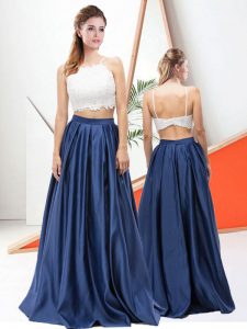 Beautiful Two Pieces Dress for Prom Navy Blue Spaghetti Straps Satin Sleeveless Floor Length Backless
