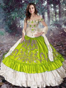 Yellow Green Taffeta Lace Up Off The Shoulder Sleeveless Floor Length Sweet 16 Dresses Embroidery and Ruffled Layers