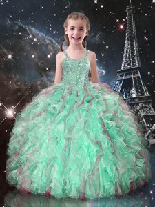 Pretty Floor Length Lace Up Kids Formal Wear Turquoise for Quinceanera and Wedding Party with Beading and Ruffles