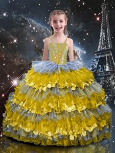 Multi-color Organza Lace Up Little Girl Pageant Dress Sleeveless Floor Length Beading and Ruffled Layers