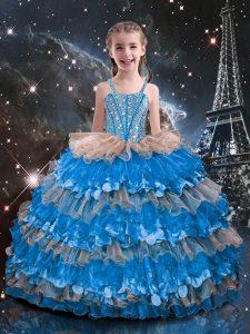 Cute Baby Blue Little Girls Pageant Gowns Quinceanera and Wedding Party with Beading and Ruffled Layers Straps Sleeveles