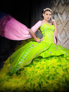 Yellow Green Quinceanera Gowns Military Ball and Sweet 16 and Quinceanera with Embroidery and Ruffles Sweetheart Sleevel