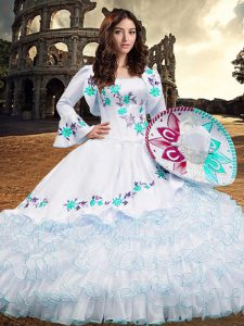 Aqua Blue Organza Lace Up Square Long Sleeves Floor Length Vestidos de Quinceanera Embroidery and Ruffled Layers