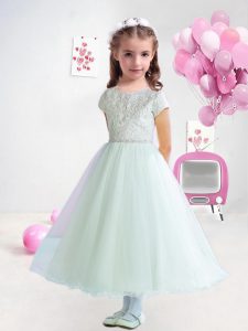 Smart Sleeveless Organza Tea Length Clasp Handle Flower Girl Dress in Apple Green with Lace
