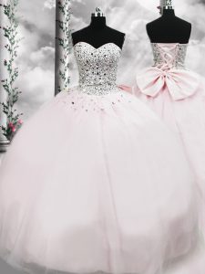 Pink Sleeveless Beading and Bowknot Lace Up Sweet 16 Dresses
