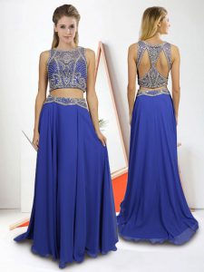 Chiffon Scoop Sleeveless Sweep Train Side Zipper Beading Prom Gown in Royal Blue