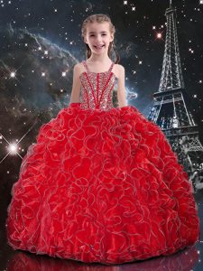 Affordable Beading and Ruffles Glitz Pageant Dress Coral Red Lace Up Sleeveless Floor Length