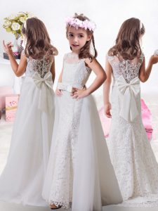Clasp Handle Little Girls Pageant Gowns White for Quinceanera and Wedding Party with Lace and Bowknot Brush Train