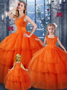 Orange Red Organza Lace Up 15 Quinceanera Dress Sleeveless Floor Length Ruffled Layers
